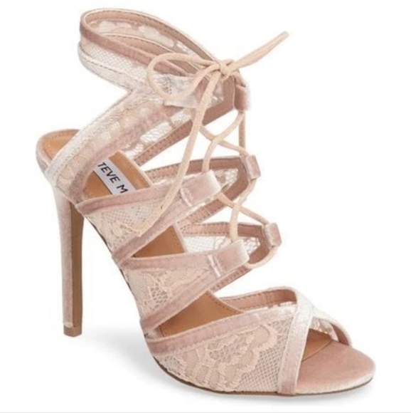 Steve Madden Blush Pink Laela Lace Up Lace Velvet Heel Sandals - Picture 1 of 15